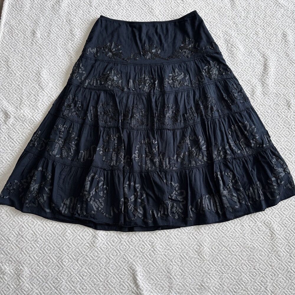 Vintage Pursuits Skirt Womens 12 Black Cotton Tiered Broomstick Beaded Maxi Boho